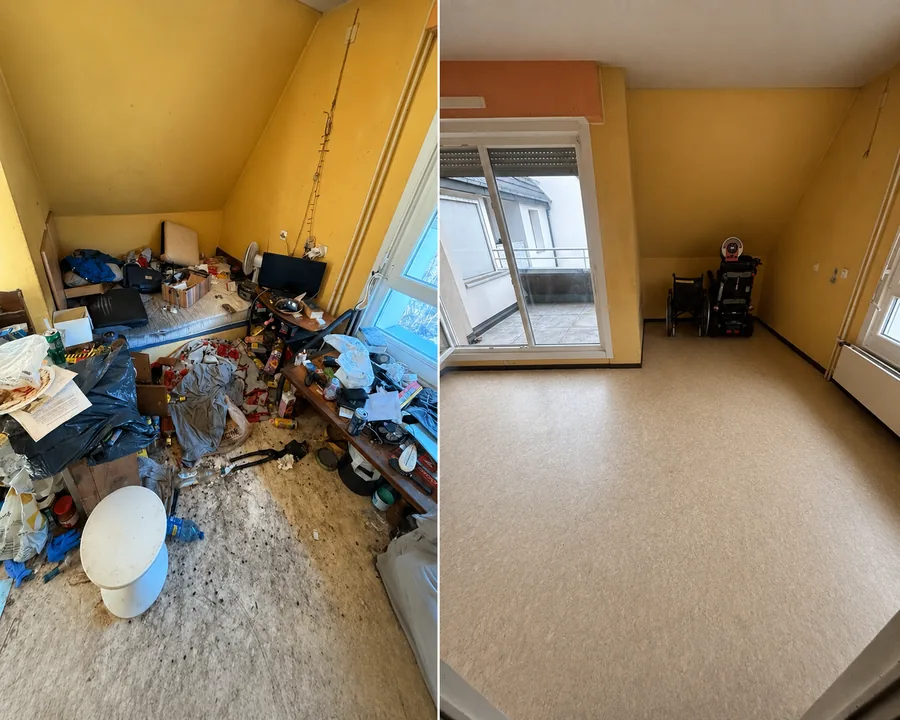 Comparaison d'une même pièce : à gauche, encombrée et souillée avant intervention ; à droite, vidée, nettoyée et remise en état.